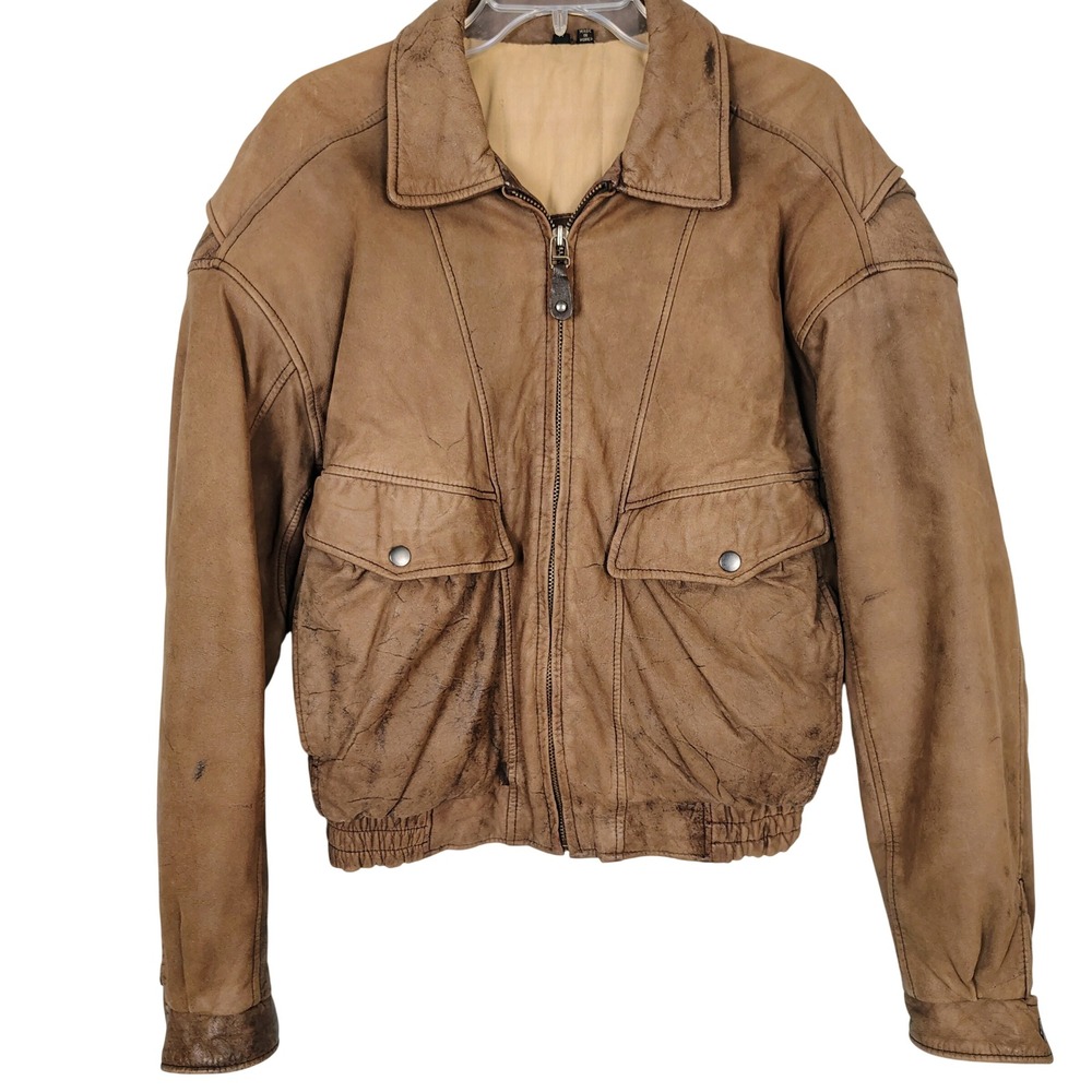 Peter England Aviation Mission Brown Leather Bomber Jacket Men Size M Distressed